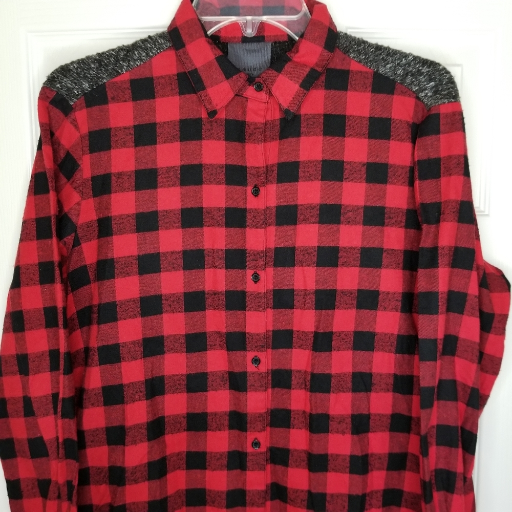 Maud Vivante‎ Buffalo Plaid Flannel With Knit Back Top Size: L